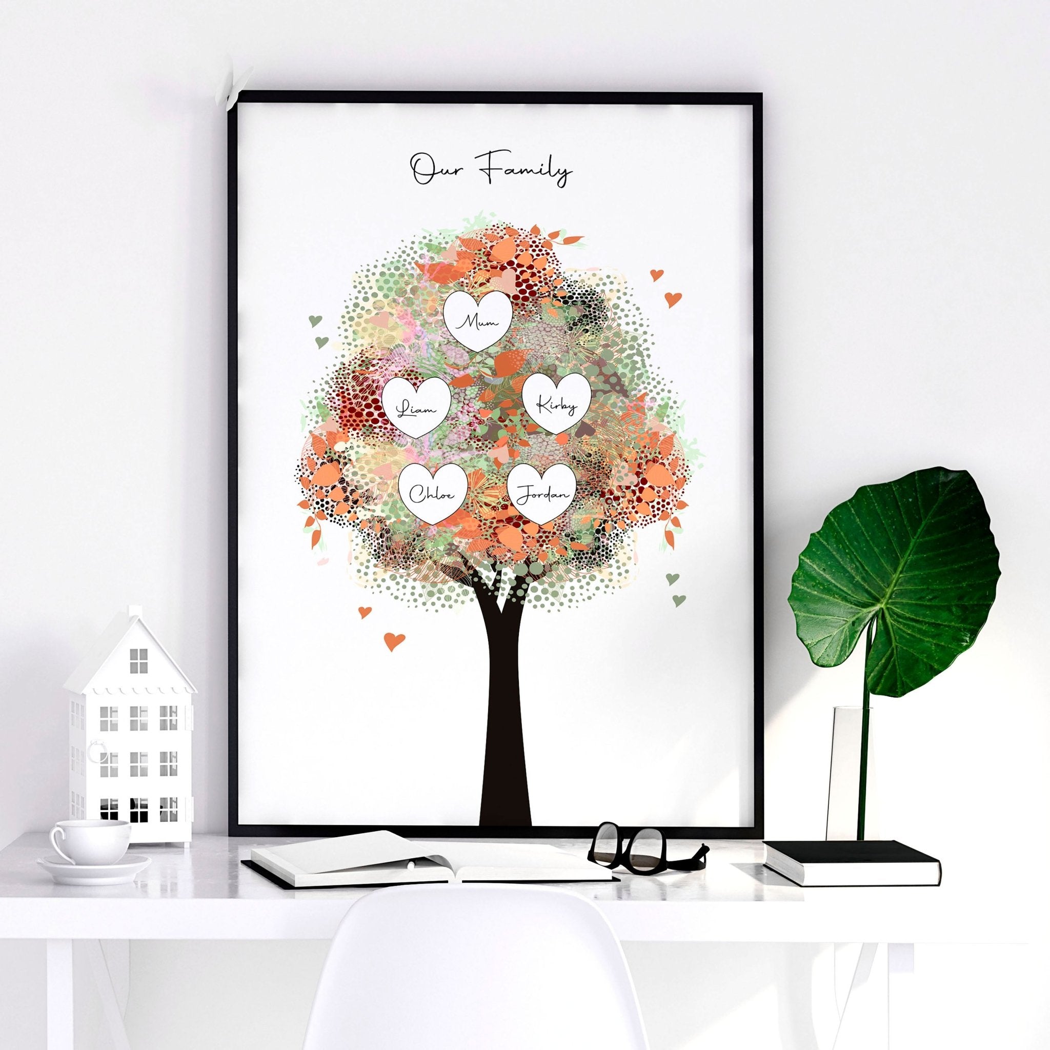 Personalised Family Tree wall art print showcasing multiple generations with custom names, beautifully designed for home decor.