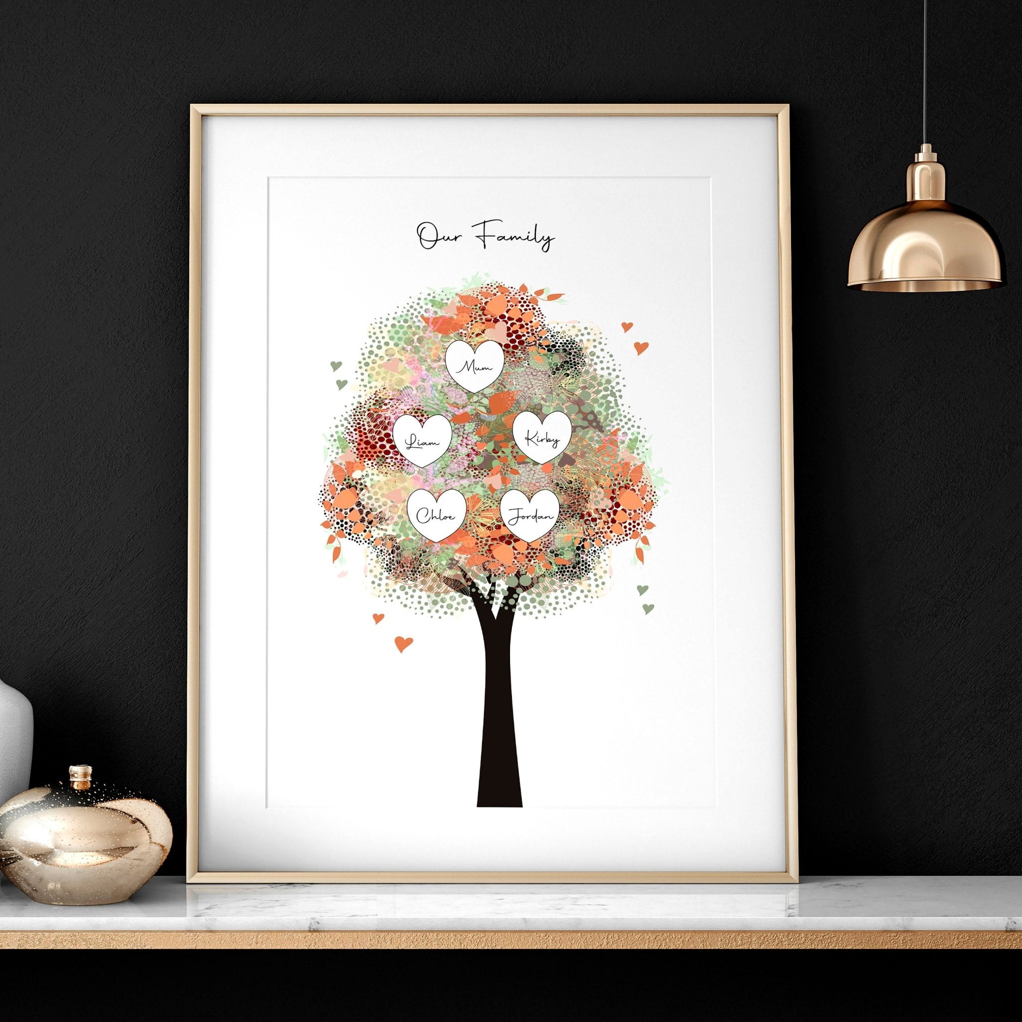 Personalised Family Tree wall art print showcasing multiple generations with custom names, beautifully designed for home decor.