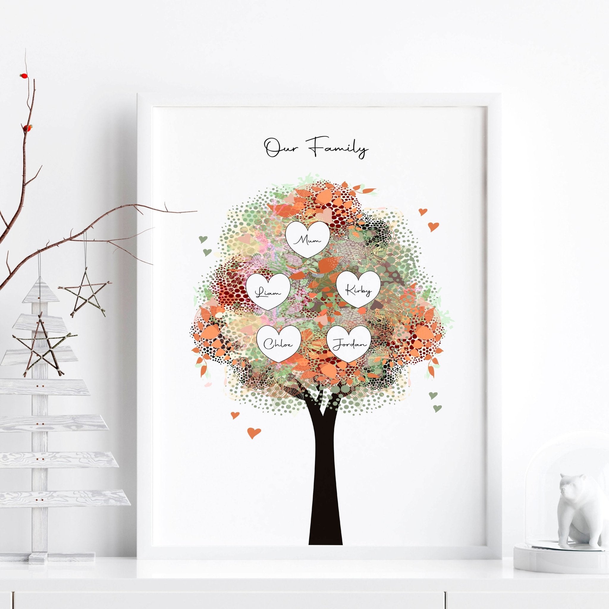 Personalised Family Tree wall art print showcasing multiple generations with custom names, beautifully designed for home decor.