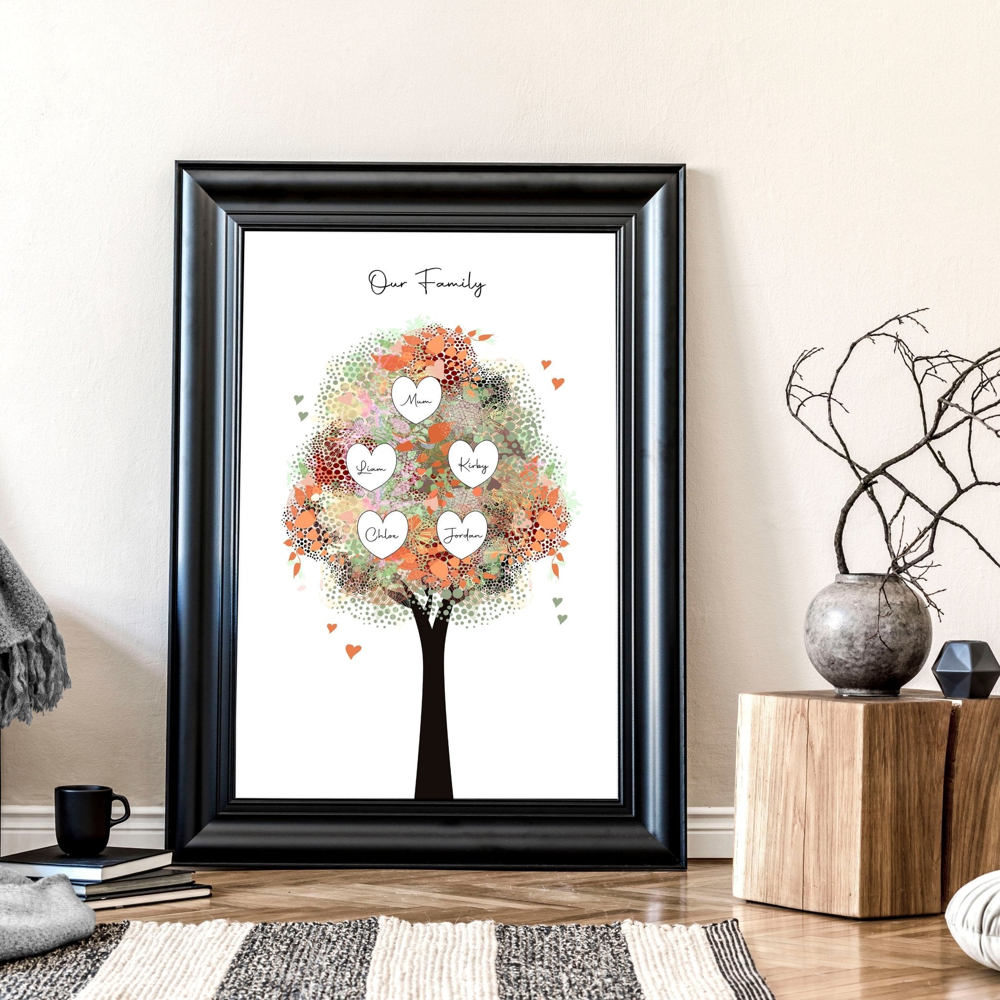 Personalised Family Tree wall art print showcasing multiple generations with custom names, beautifully designed for home decor.
