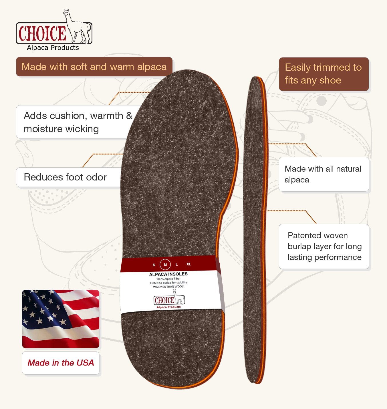 A pair of American Choice Alpaca Foot Warmers, soft and thick insoles made from 100% USA alpaca fiber, designed for warmth and comfort in shoes and boots.