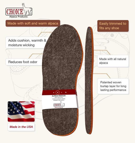 A pair of American Choice Alpaca Foot Warmers, soft and thick insoles made from 100% USA alpaca fiber, designed for warmth and comfort in shoes and boots.
