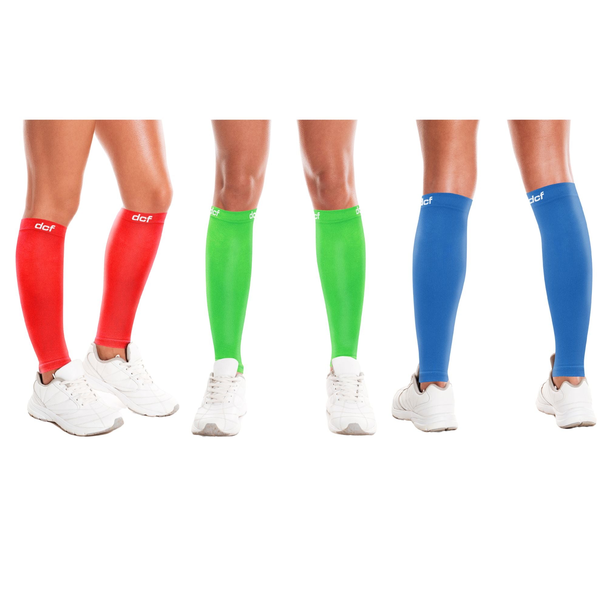 Three pairs of Calf Relief and Performance Compression Sleeves in various colors, designed for optimal support and comfort during workouts.