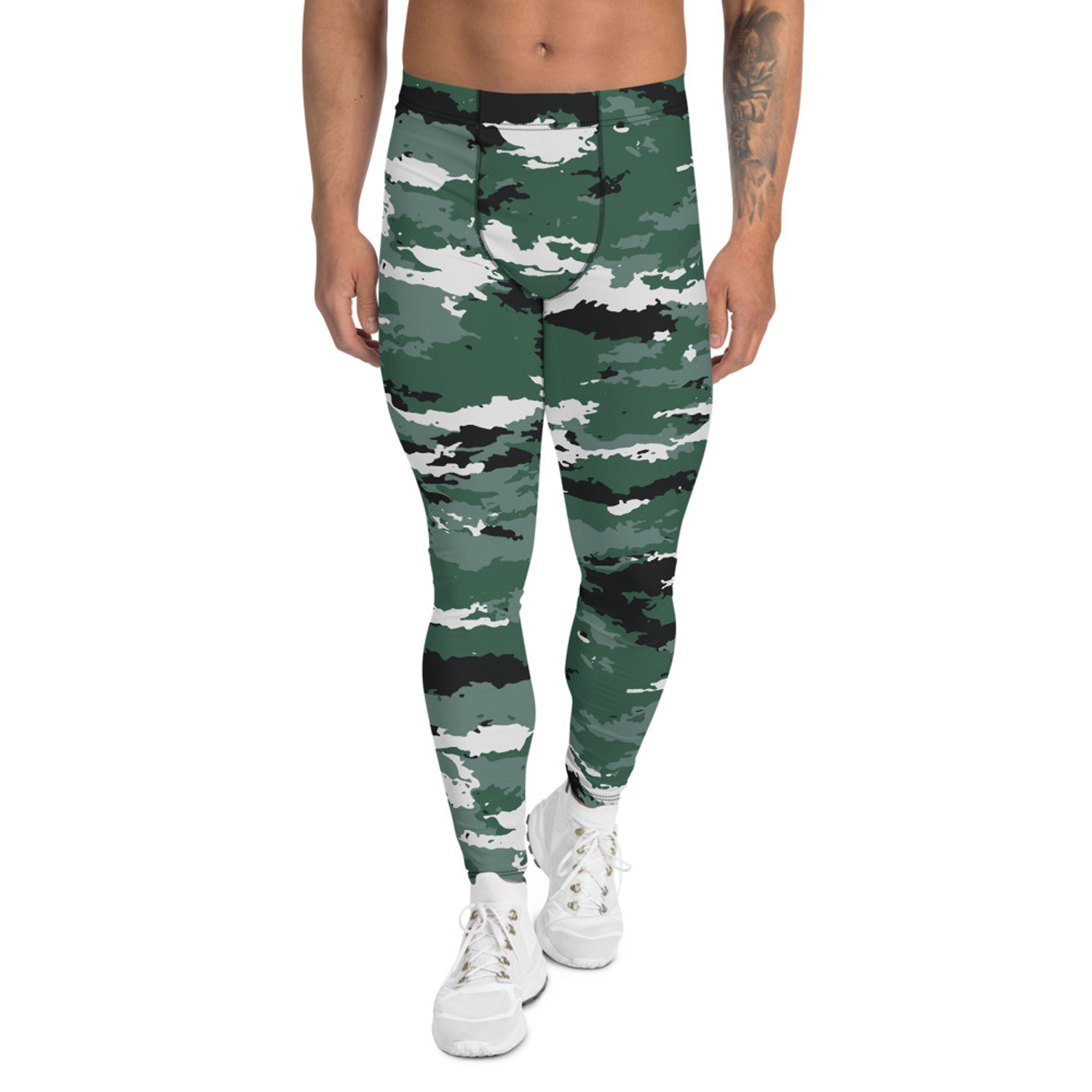 A pair of Earth Green Camo Leggings for Men, showcasing a stylish camo pattern, designed for comfort and performance in various activities.