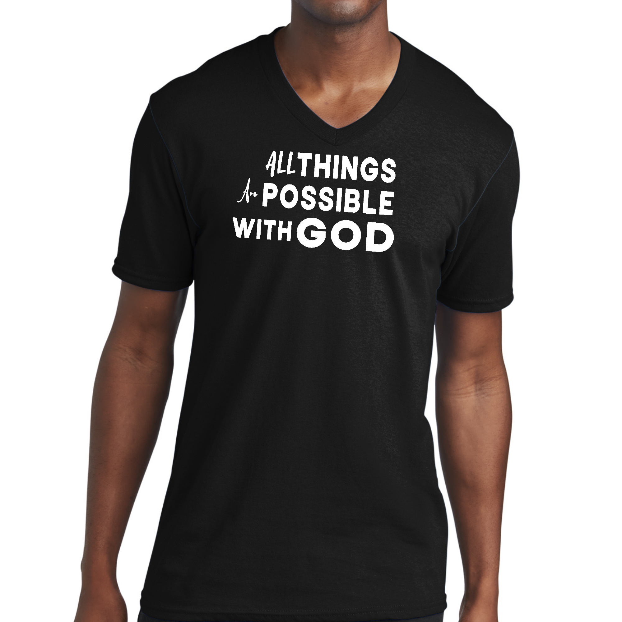 Men's Graphic V-neck T-shirt in soft preshrunk cotton featuring the phrase 'All Things Are Possible With God' printed on the front.