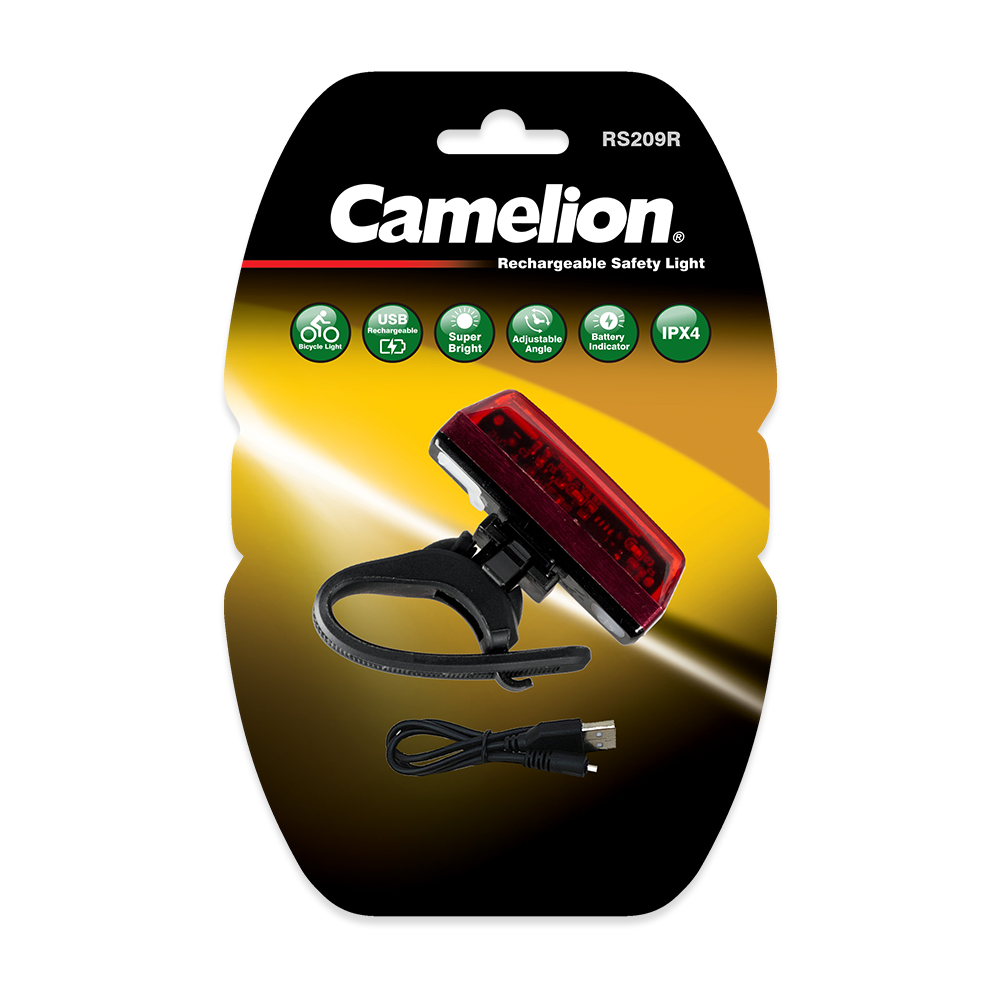 Camelion RS209R Rechargeable Rear LED Bicycle Safety Light with adjustable strap and multiple lighting modes.