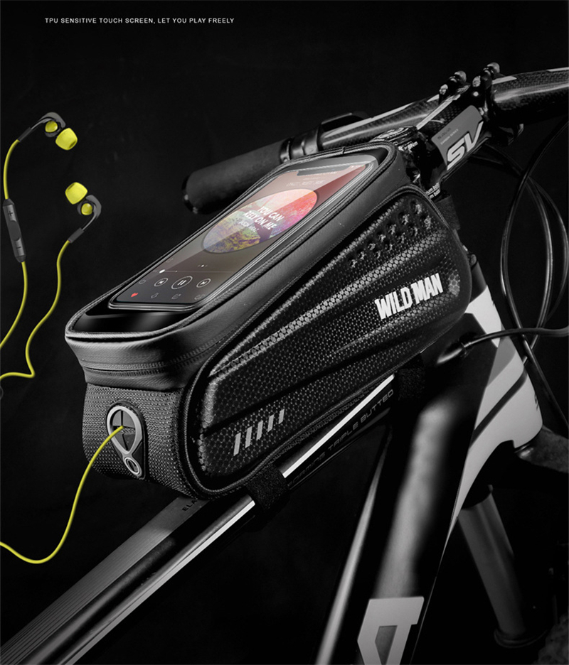 Rainproof Touch Screen Bag mounted on a bike's top tube, featuring a sensitive touch screen, waterproof zipper, and durable EVA hard shell.