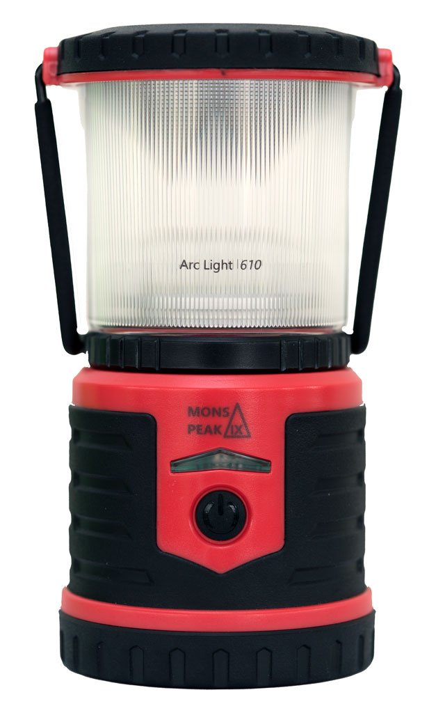 Arc Light 610 Rechargeable LED Lantern with Power Bank, showcasing its rugged design, multiple brightness settings, and USB charging port.