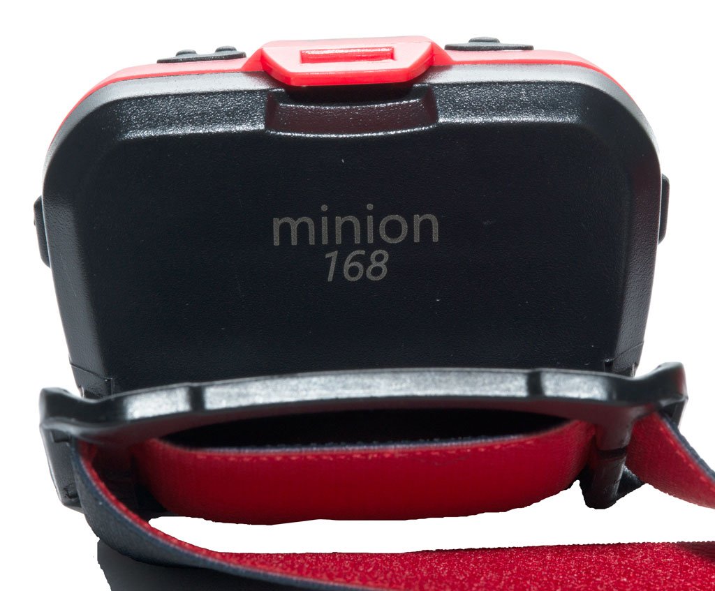 Minion 168 Headlamp showcasing its lightweight design, adjustable headband, and powerful Cree XP-E LED light features.