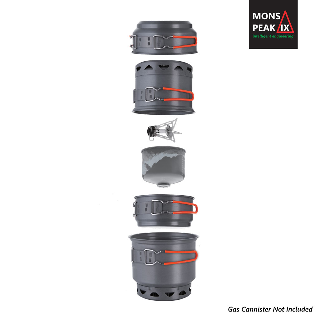 Mons Peak IX Trail 123 HE UL Cook Set with Stove, featuring a compact design and modular system for efficient outdoor cooking.