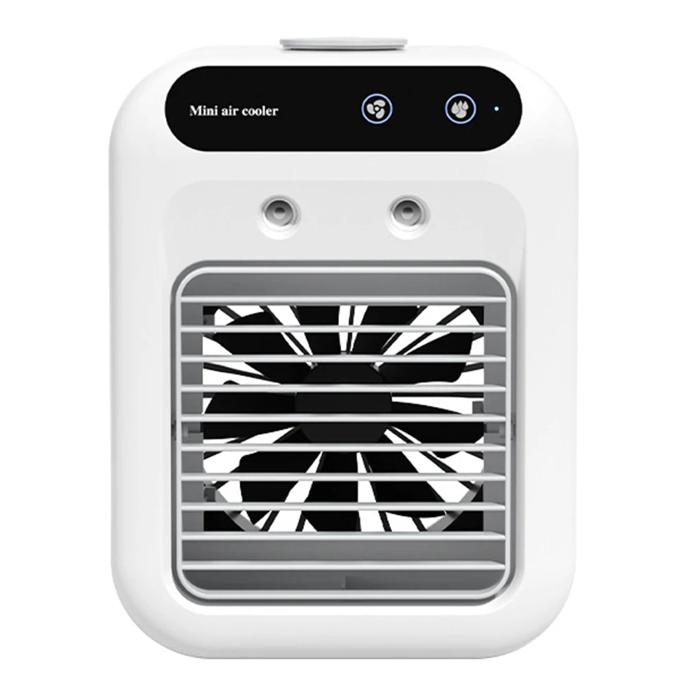 Portable Air Conditioner Fan with humidifier, featuring two speeds and a sleek design, ideal for home or office use.