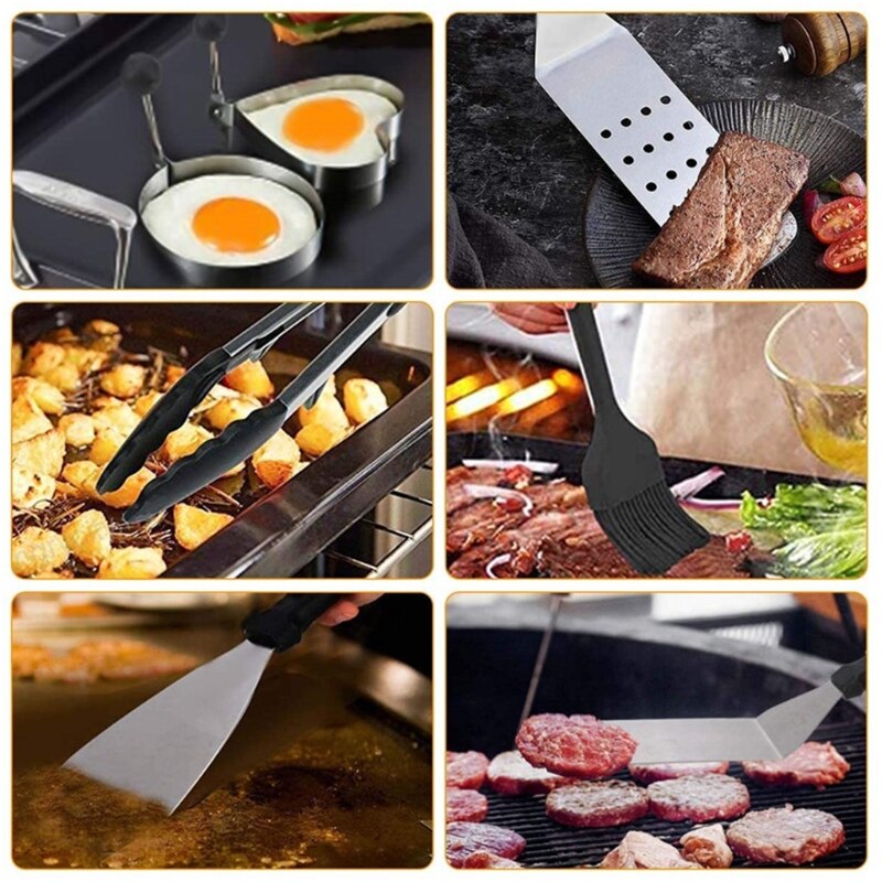 Portable Barbecue Tool Set with various stainless steel utensils and a storage bag, ideal for grilling and camping.