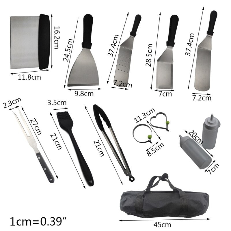Portable Barbecue Tool Set with various stainless steel utensils and a storage bag, ideal for grilling and camping.