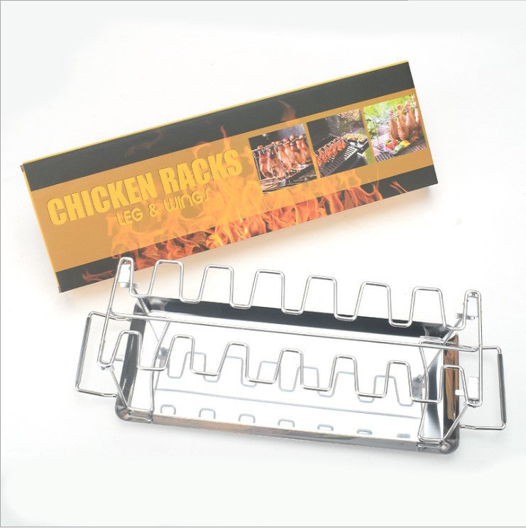 Portable Grilling Basket Mesh Clip with 14 slots, made of stainless steel, featuring a folding stand and drip tray for grilling chicken legs and vegetables.