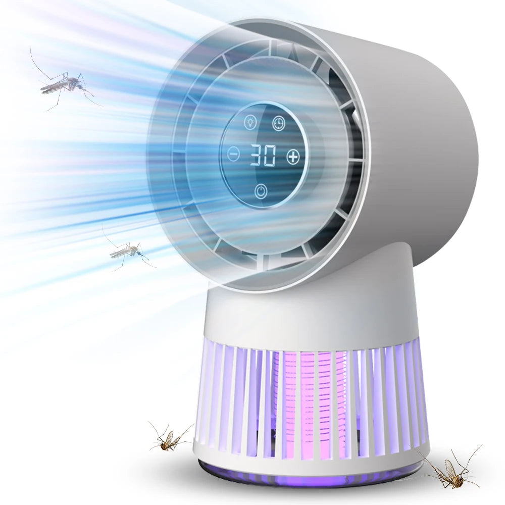 Portable Rechargeable Electric Bug Zapper Desk Fan with bladeless design and LCD touchscreen, ideal for indoor and outdoor use.