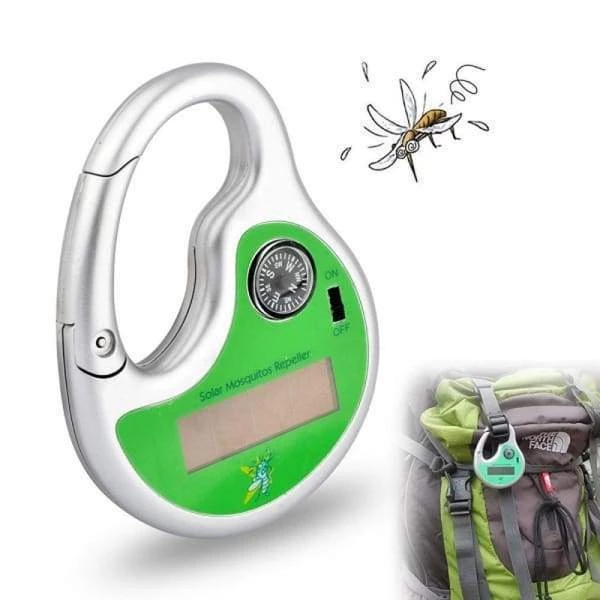 Portable Solar Charging Ultrasonic Mosquito Repellent in green color, designed for outdoor use, showcasing its compact and lightweight design.
