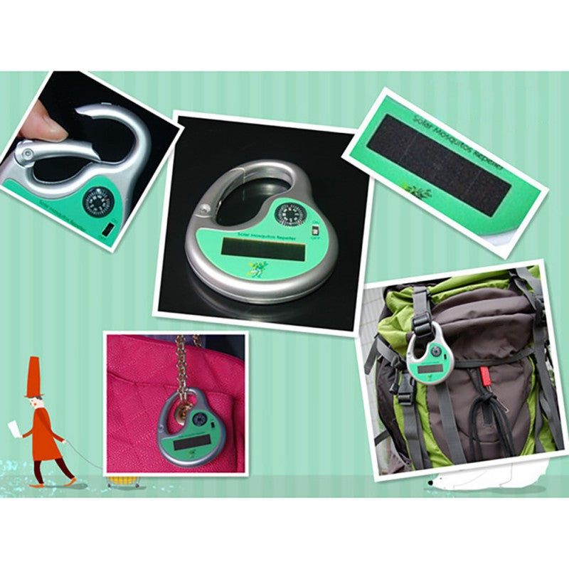 Portable Solar Charging Ultrasonic Mosquito Repellent in green color, designed for outdoor use, showcasing its compact and lightweight design.