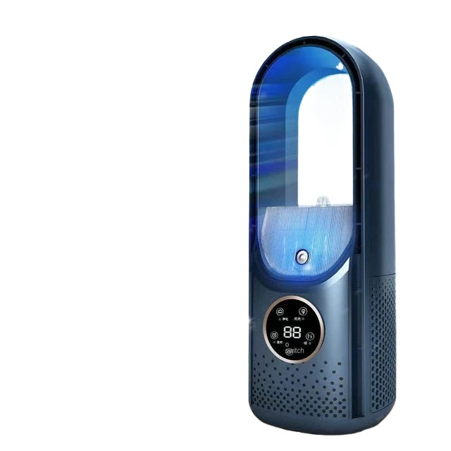 Portable USB Air Cooler Leafless Electric Fan in white and blue, showcasing its sleek design and compact size.