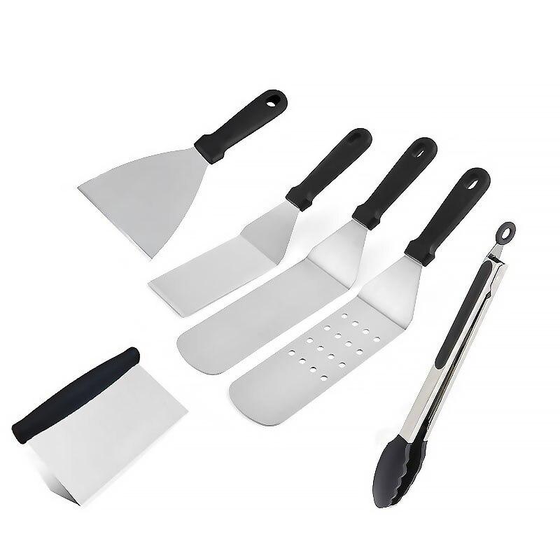 A complete 10-piece stainless steel barbecue tool set featuring a spatula, tongs, oil brush, and squeeze bottles, all with wooden handles.