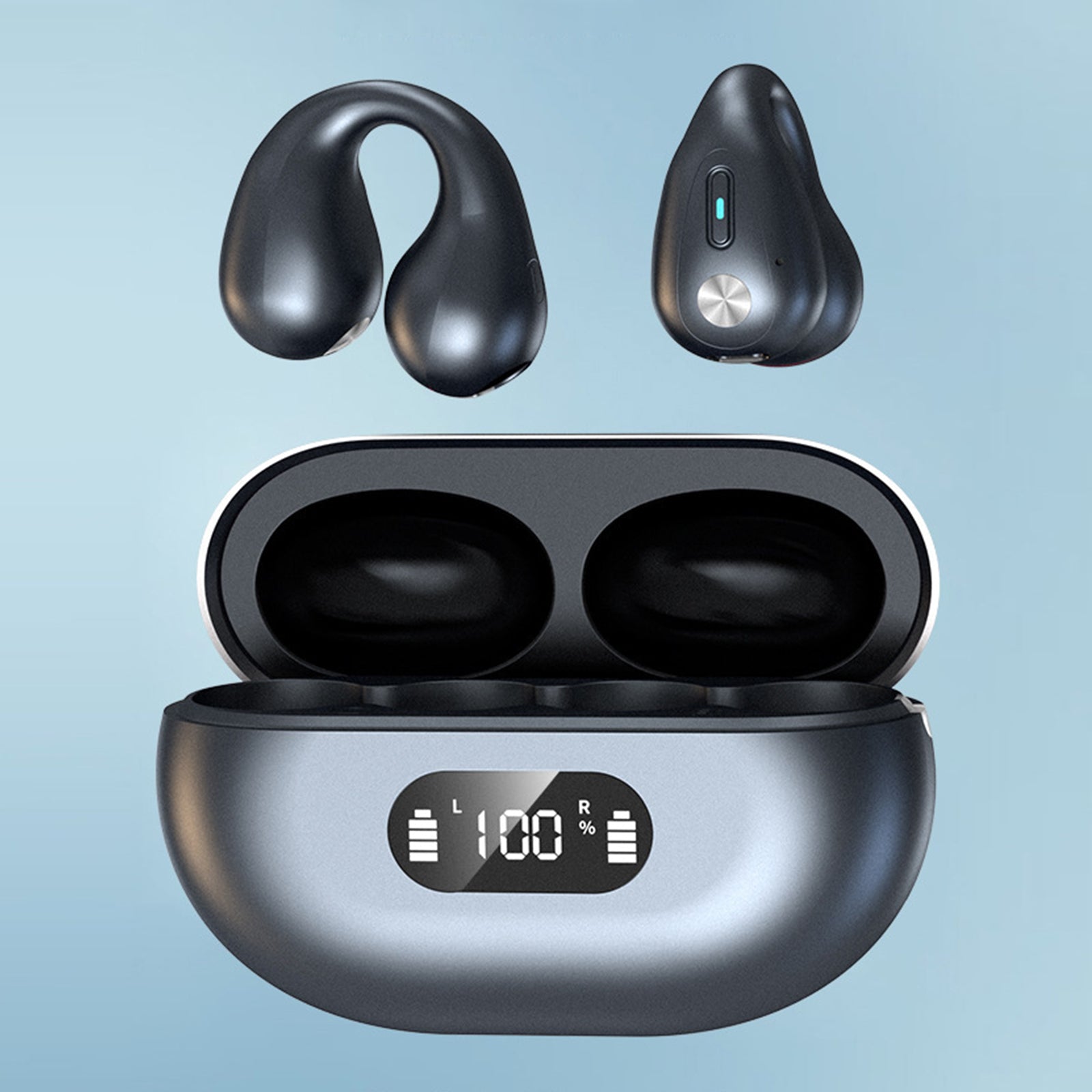 5.3 Bluetooth Open Ear Clip Wireless Earbuds with earhooks, showcasing a sleek design and comfortable fit for active users.