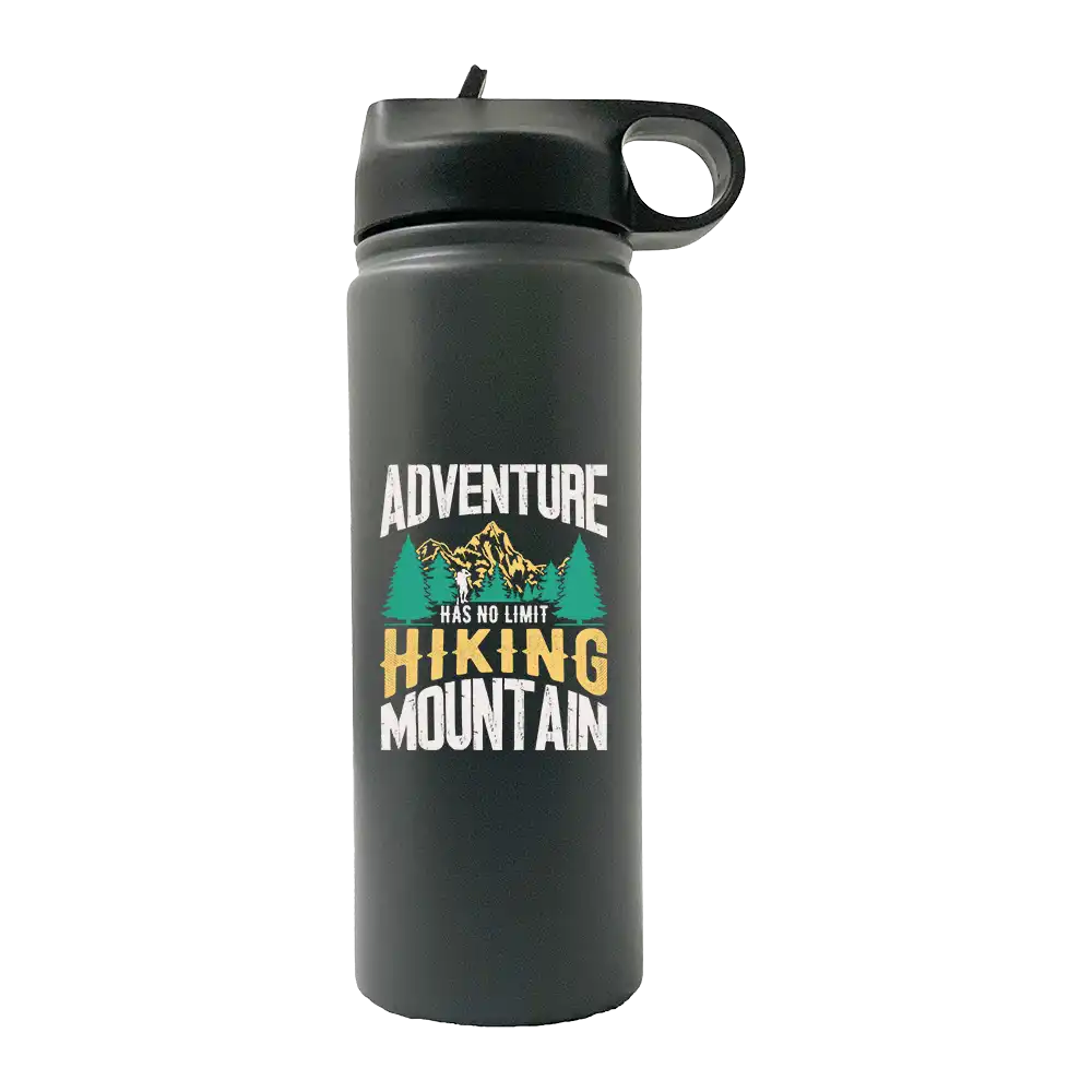 Adventure Has No Limit 20oz Sport Bottle in metallic aluminum with a black lid and built-in handle, perfect for outdoor activities.