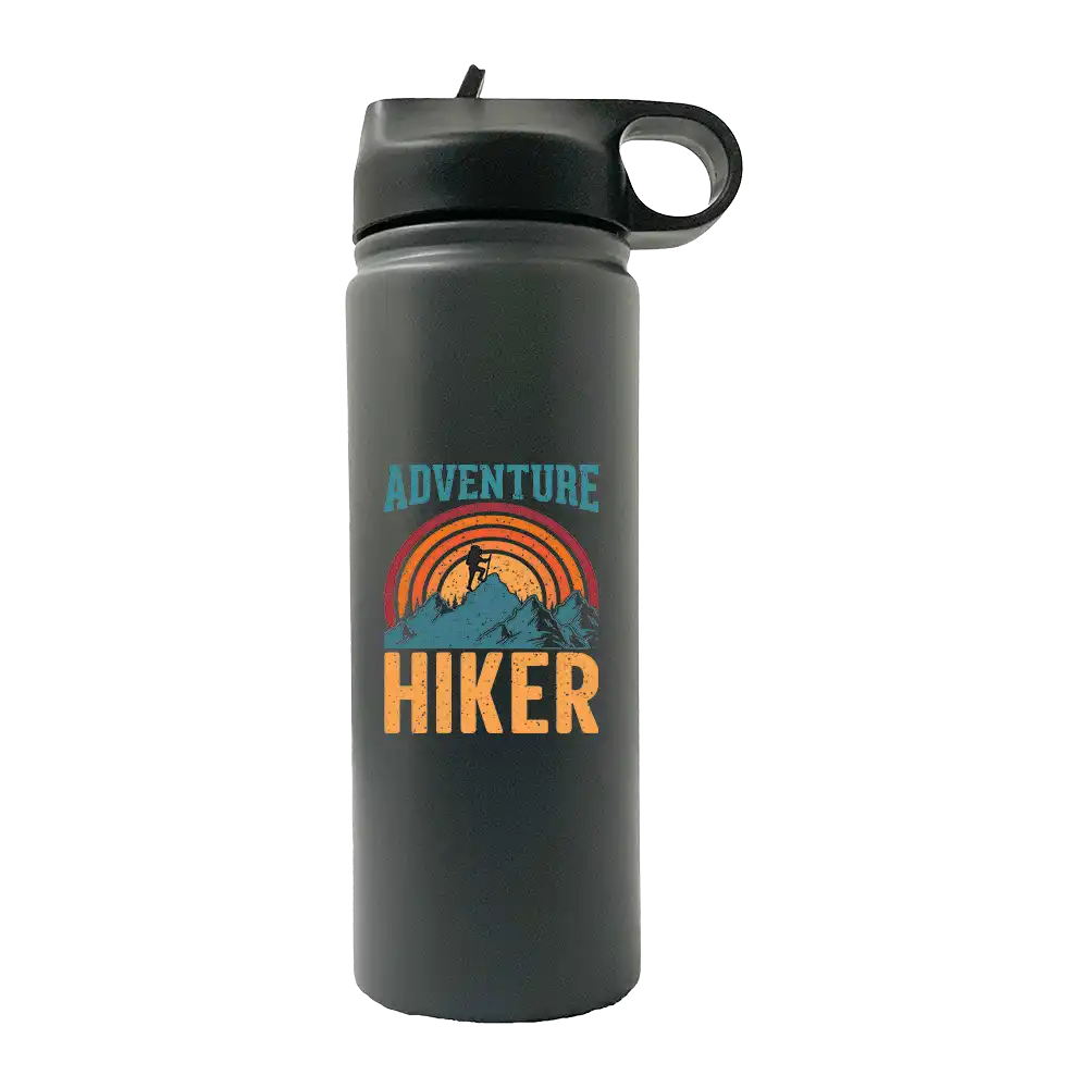 Adventure Hiker 20oz Sport Bottle in metallic aluminum with a black snap lid and built-in handle, perfect for outdoor activities.