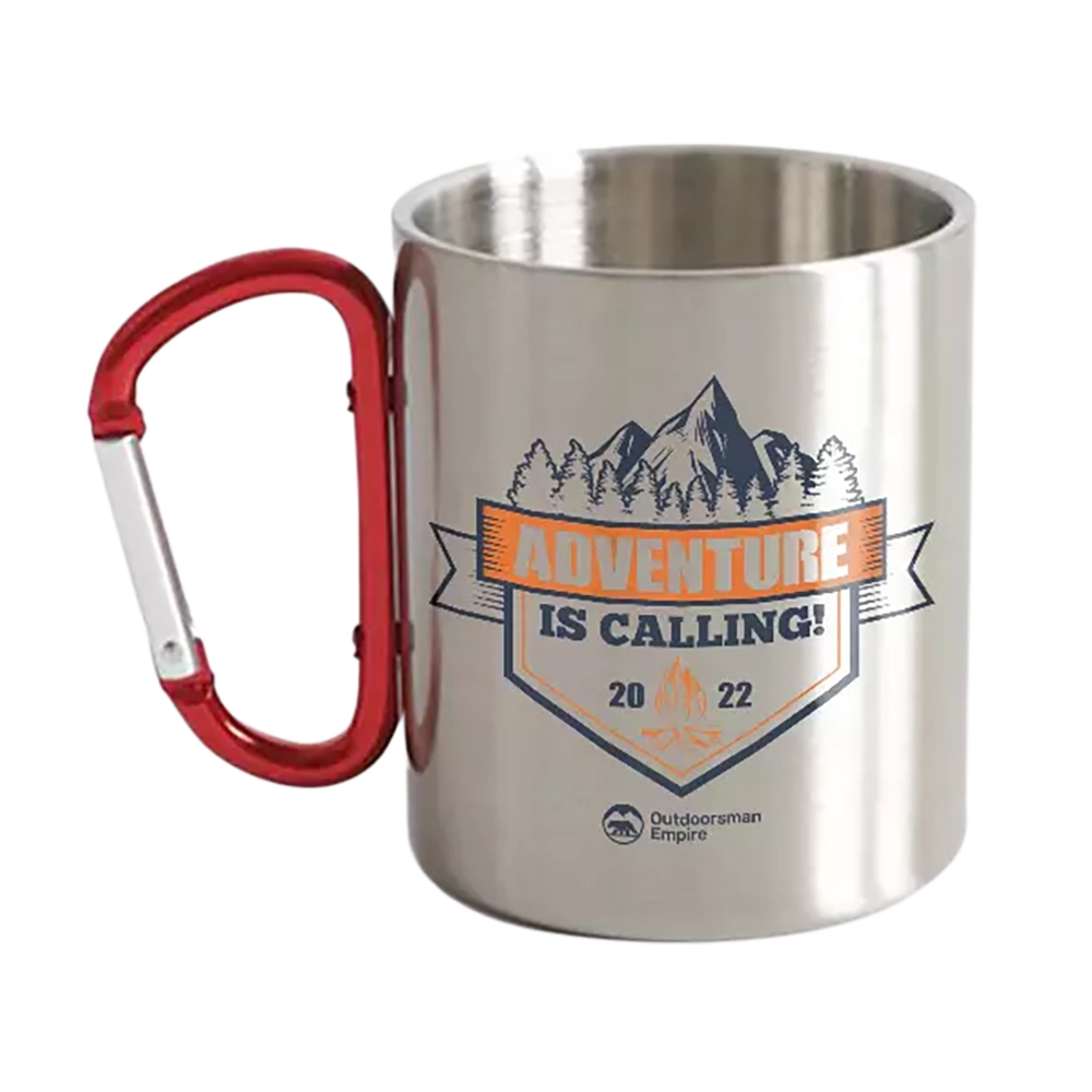 Adventure Is Calling Carabiner Mug 12oz with UV printed design, sturdy ceramic material, and carabiner handle for outdoor use.