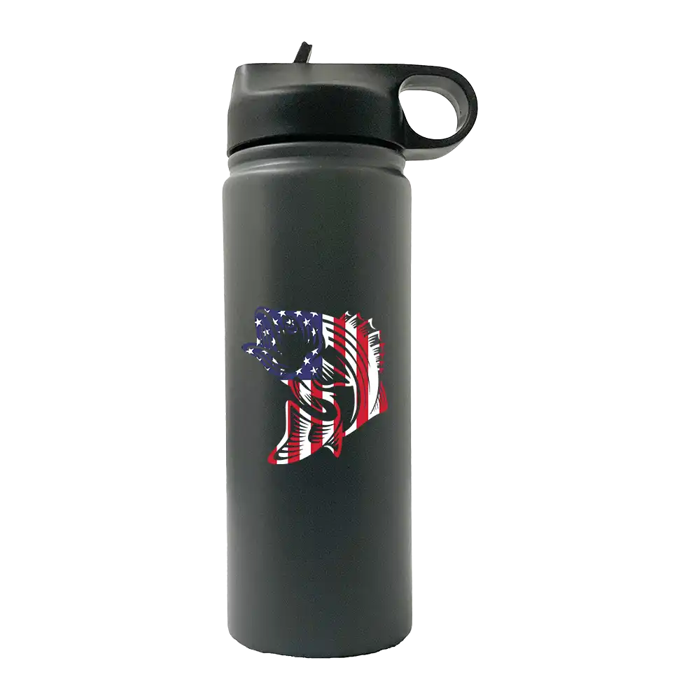 American Flag Fish 20oz Sport Bottle with built-in handle and snap lid, featuring a vibrant UV-printed design.