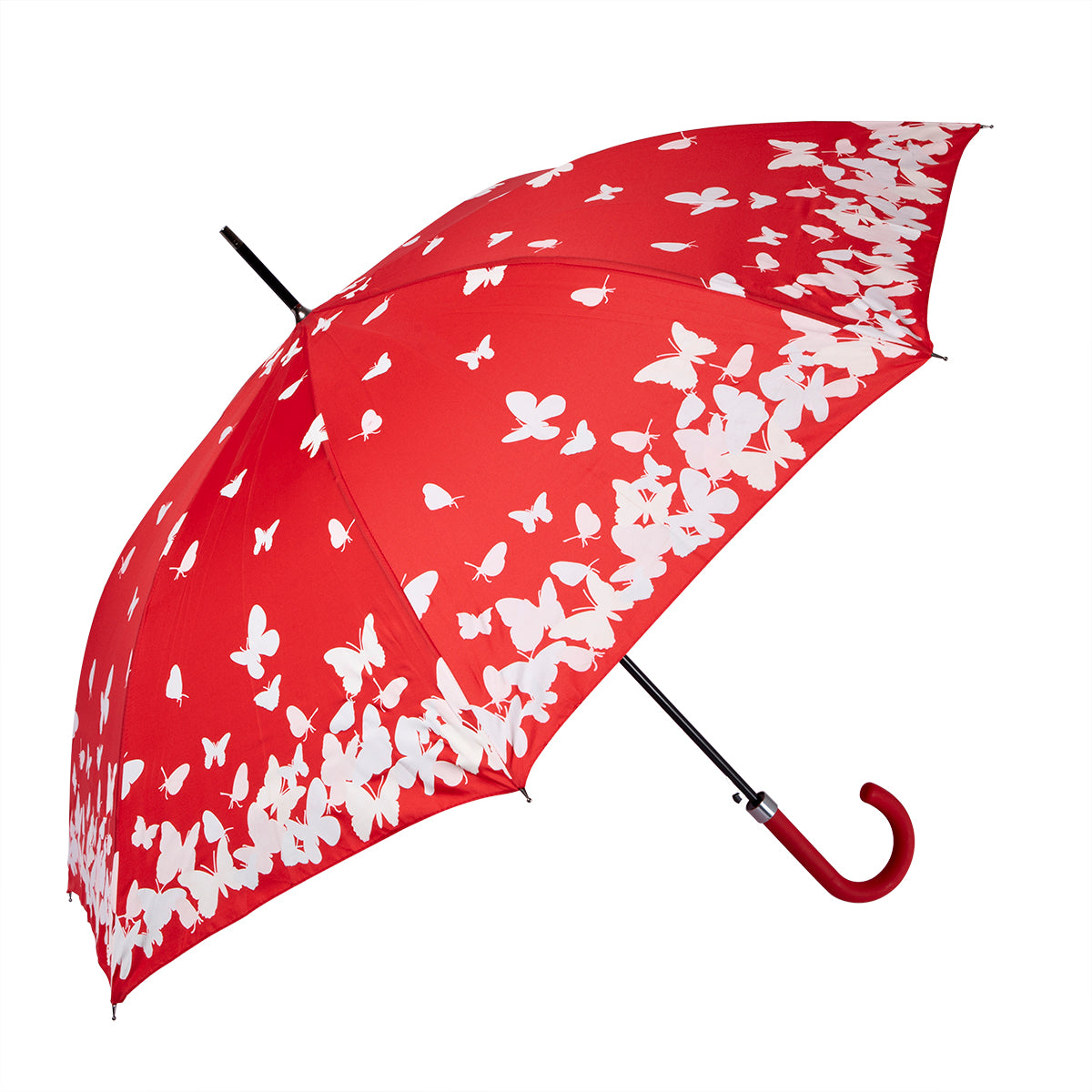 Biggbrella Regenschirm in Rot mit bunten Schmetterlingen, 104 cm Durchmesser, ideal für Regen und Sonnenschutz.