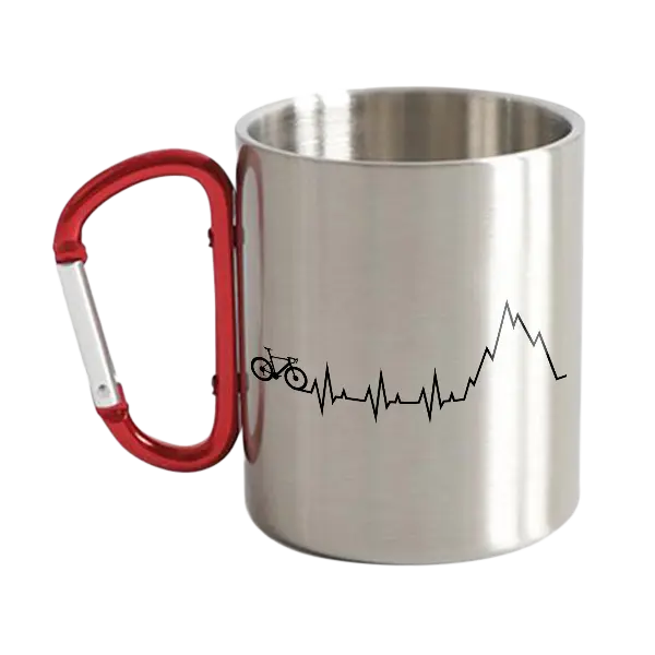 Biking Mountain Beat Carabiner Mug 12oz with red handle, showcasing its stainless steel design and carabiner clip.