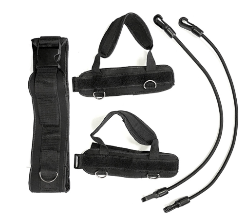 Black Stretch Leg Pull Rope designed for leg muscle exercises, made of durable latex with adjustable straps.