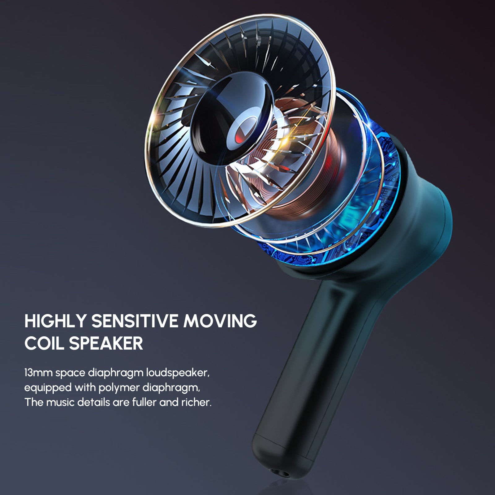 Bluetooth 5.3 wireless earbuds with LED display and charging case, showcasing ergonomic design and advanced features.