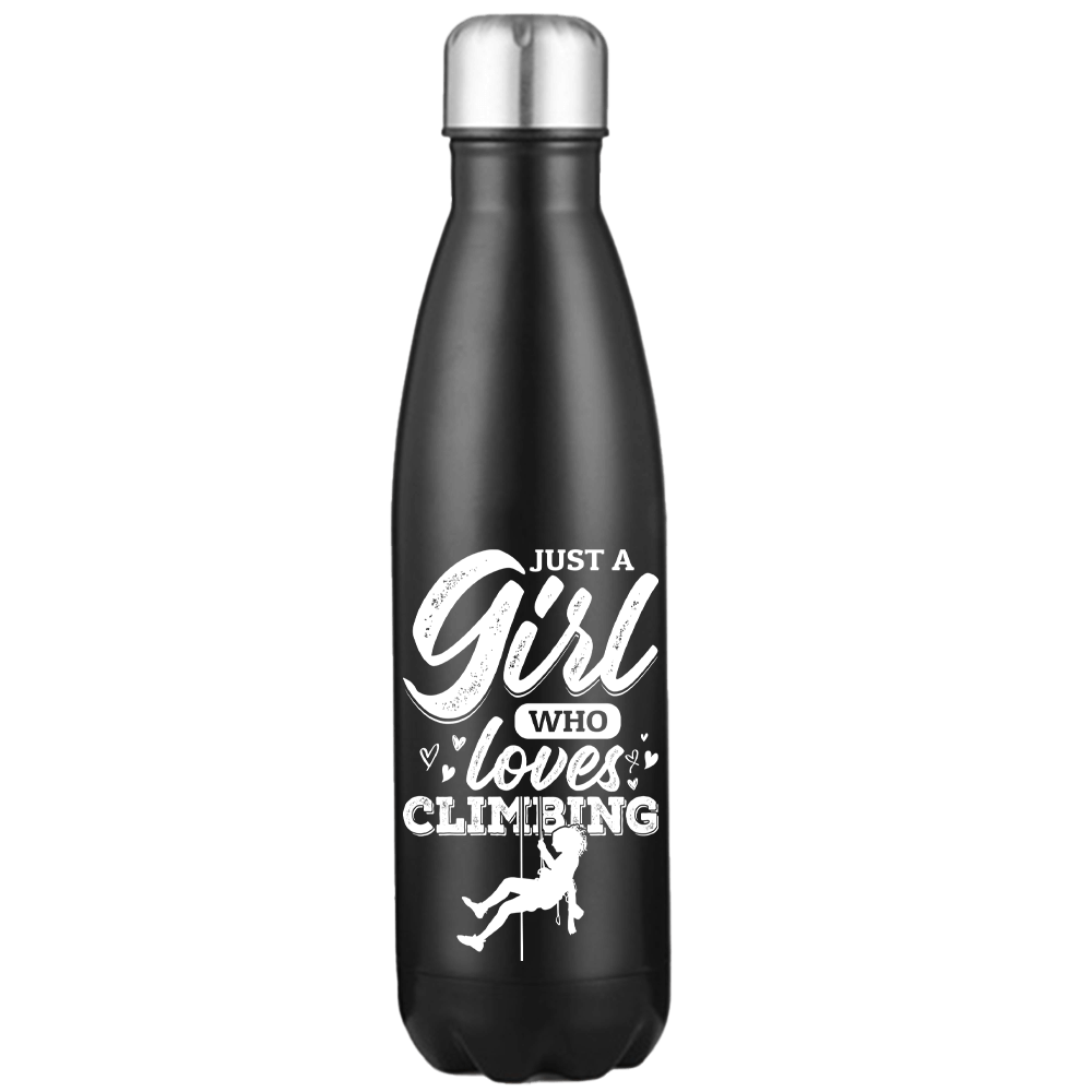 Climbing Just A Girl Who Loves Climbing 17oz Stainless Water Bottle with vibrant UV printed design, showcasing its durable and stylish features.
