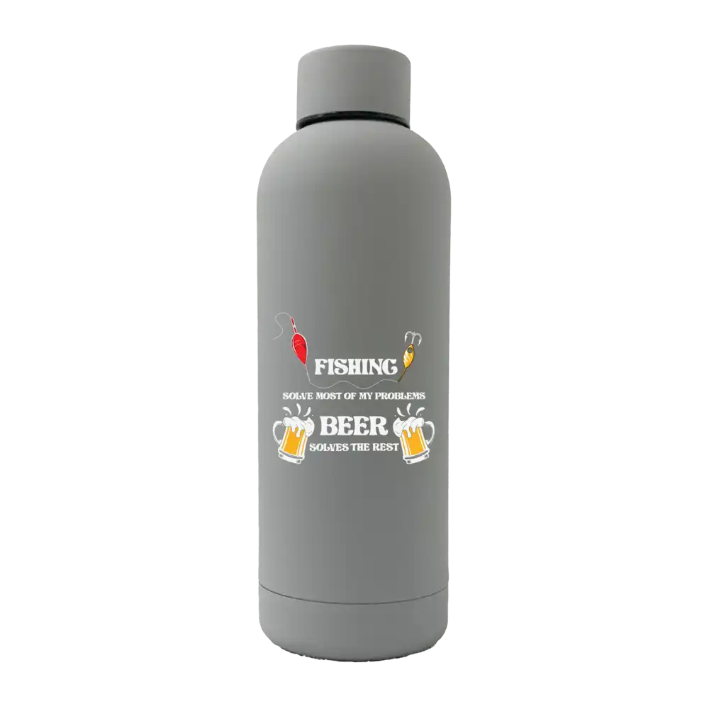 Fishing Solves All My Problem 17oz Stainless Rubberized Water Bottle with a vibrant design, showcasing its durable and stylish construction.