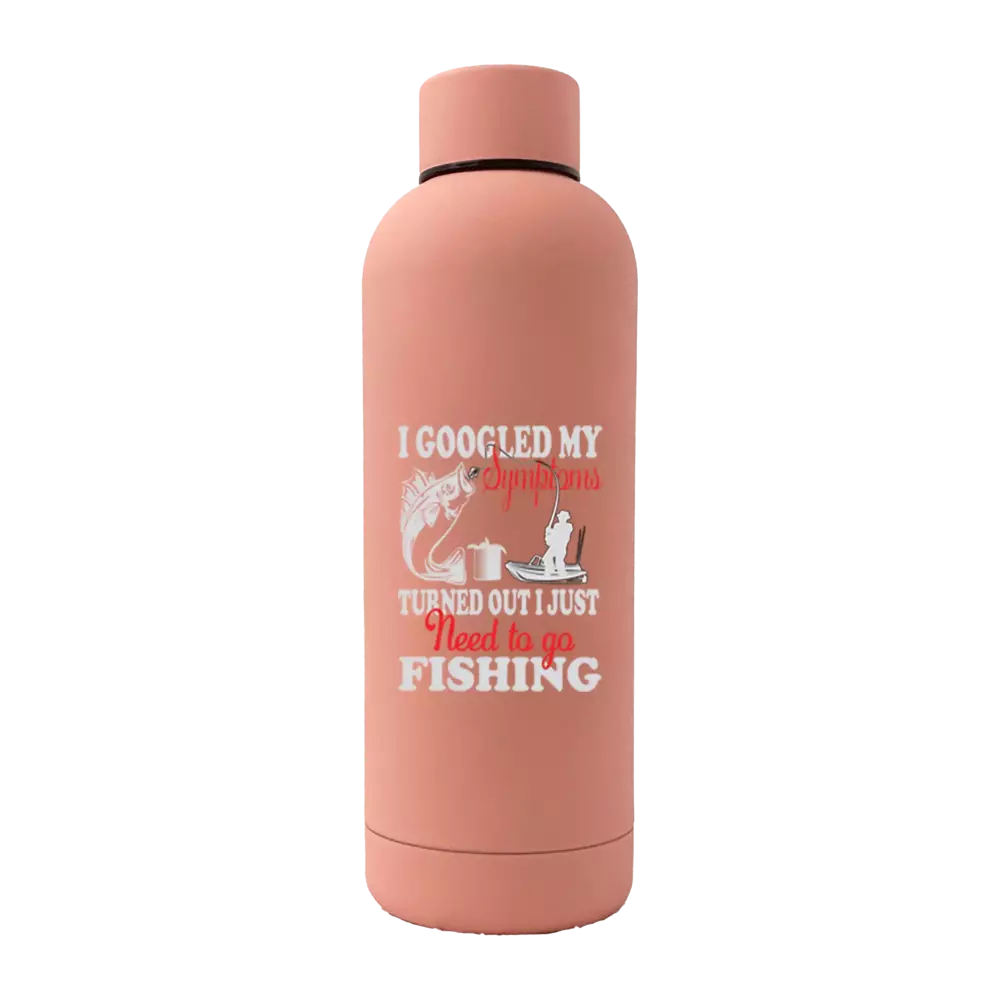 Fishing Symptoms 17oz stainless steel water bottle with rubberized coating, showcasing its sleek design and leakproof cap.