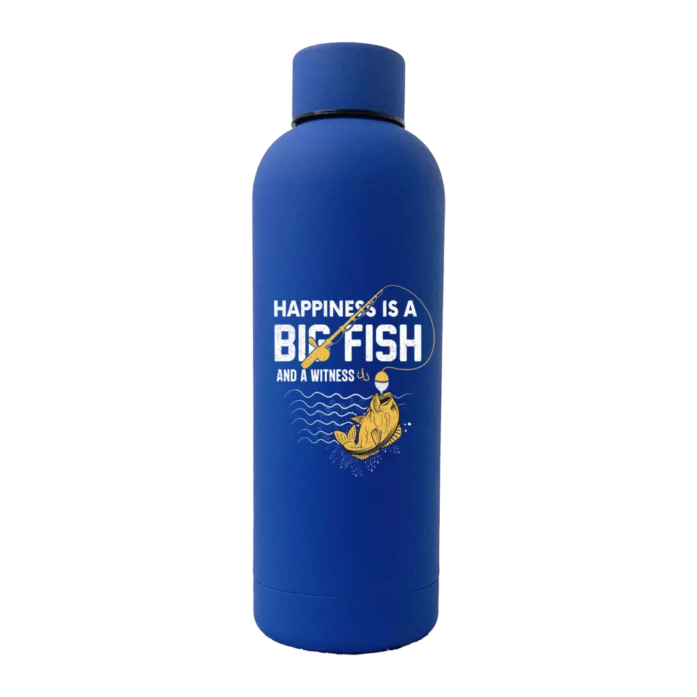 Happiness is a big fish 17oz stainless steel water bottle with rubberized coating, featuring a leakproof cap and vibrant UV printed design.