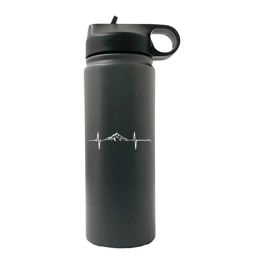 Heartbeat V1 20oz Sport Bottle in metallic aluminum with a black lid and built-in handle, showcasing UV-printed designs.