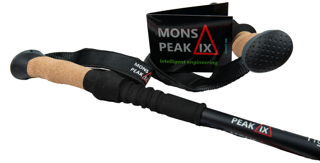 Mons Peak IX Tiger Paw 7075 Trekking Poles featuring adjustable height, cork grips, and durable aluminum construction, ideal for all-season hiking.
