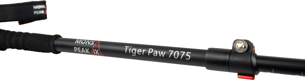 Mons Peak IX Tiger Paw 7075 Trekking Poles featuring adjustable height, cork grips, and durable aluminum construction, ideal for all-season hiking.