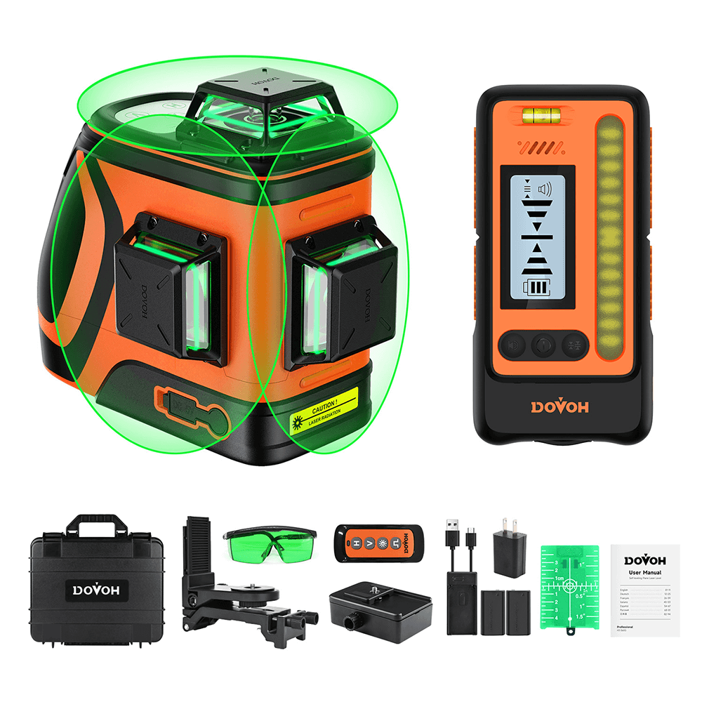 Dovoh H3-360G-KIT Outdoor Laser Level with Receiver, showcasing its green laser beam and durable design.