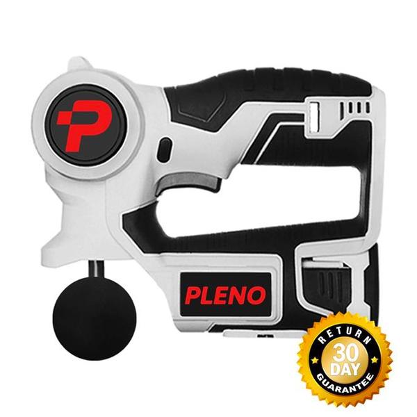 Pleno M3.0 Massage Gun showcasing its sleek design and four interchangeable attachment heads for deep tissue therapy.