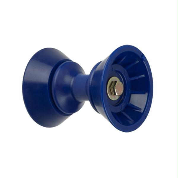 3-inch Bow Bell Roller Assembly made of blue thermal plasticized rubber, featuring a 4-1/2 inch diameter and 6 inch width, designed for boat trailers.