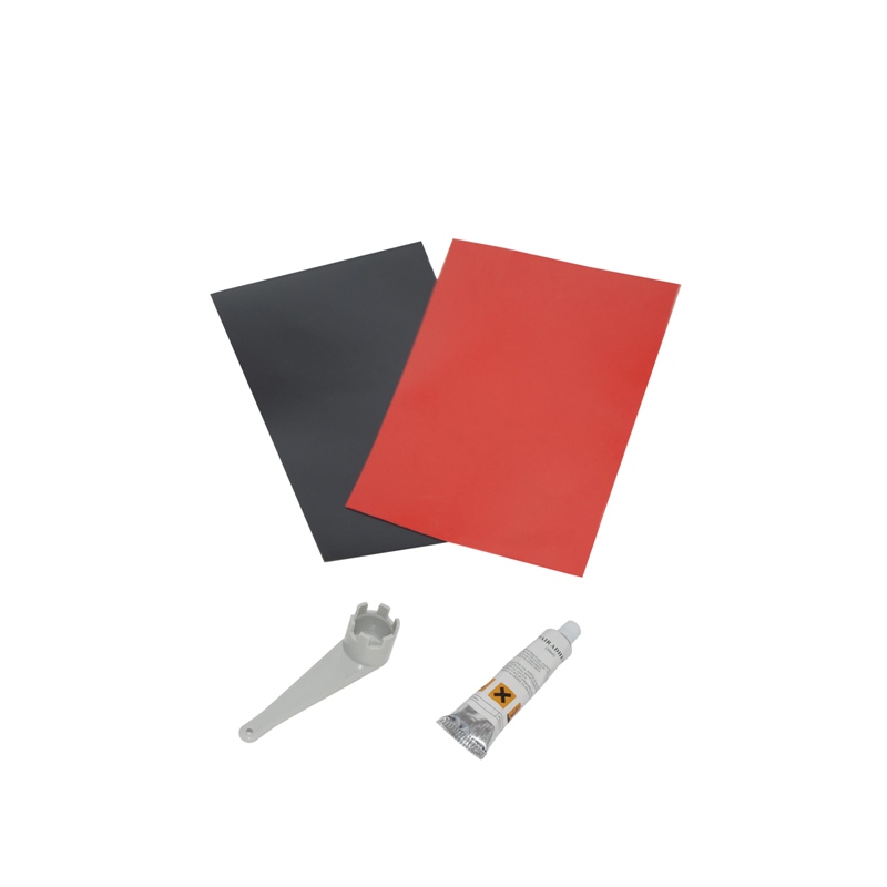 Aleko BTRKITR-UNB inflatable boat repair kit with glue, valve wrench, black and red PVC patches, compact and lightweight design.