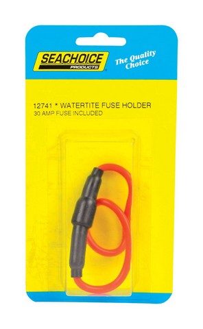 Seachoice 12741 30 amp fuse holder with 8" wire, designed for 12V systems, featuring a watertight body and heat-resistant plastic construction.