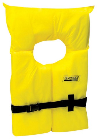 Seachoice 86020 Yellow Adult Life Vest, featuring bright yellow color, PVC foam filling, and US Coast Guard approval for safety.