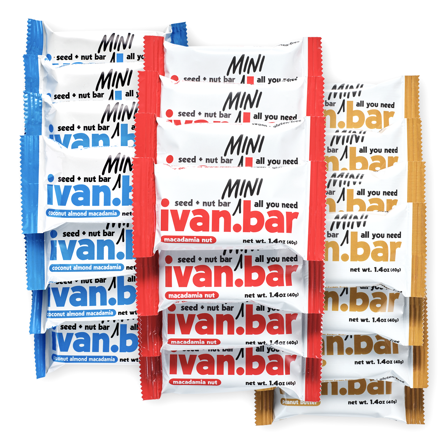 A 3-way combo box containing 24 mini seed and nut bars in Almond Macadamia, Coconut Almond Macadamia, and Peanut Butter flavors, beautifully arranged.