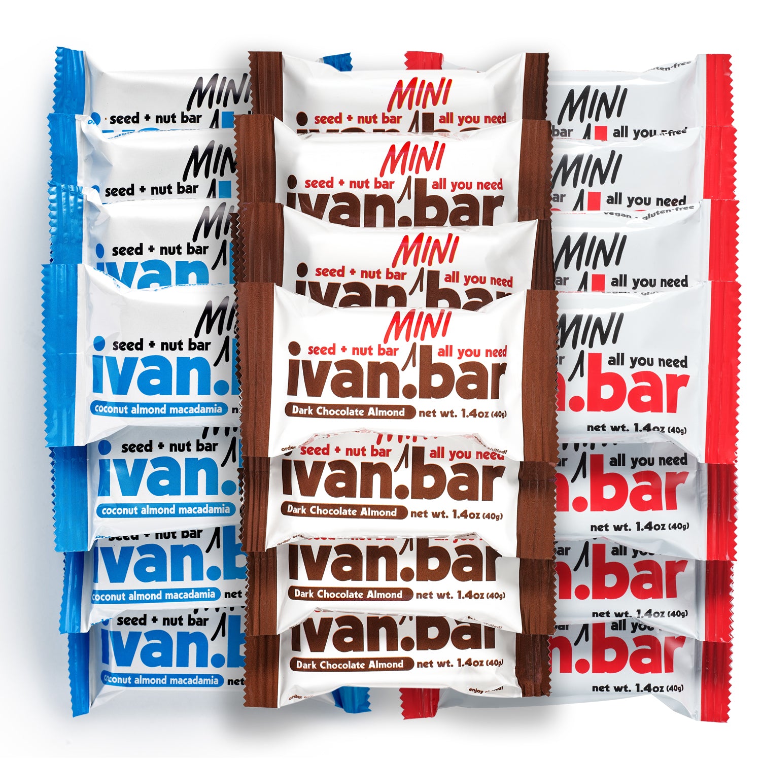 A 3-way combo box containing Almond Macadamia, Coconut Almond Macadamia, and Dark Chocolate Almond mini seed and nut bars, beautifully arranged.