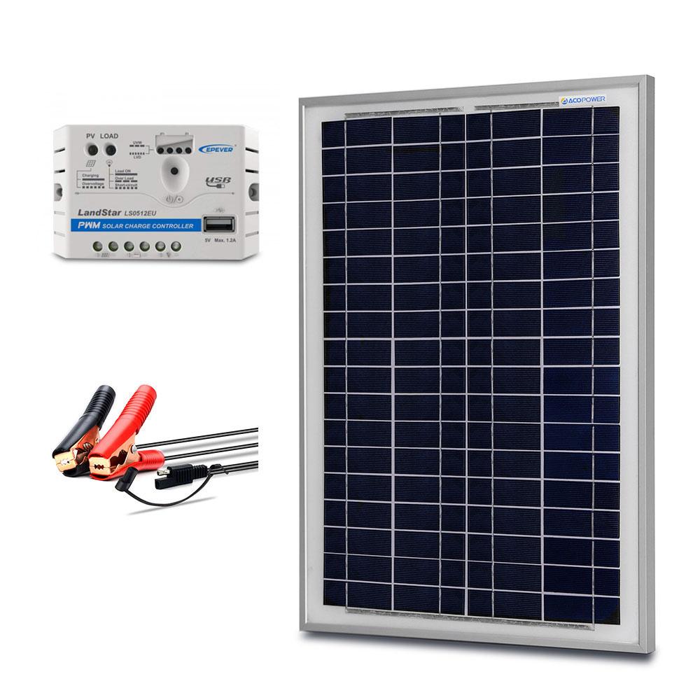ACOPower 25W Off-grid Solar Kit featuring a polycrystalline solar panel, 5A charge controller, and accessories for easy installation.