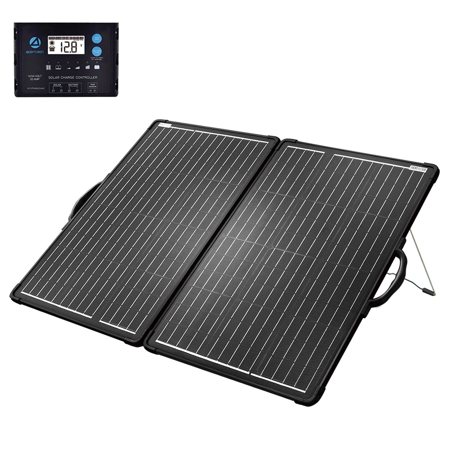ACOPower 120W Portable Solar Panel Kit displayed with its folded design, showcasing the lightweight briefcase style and included charge controller.