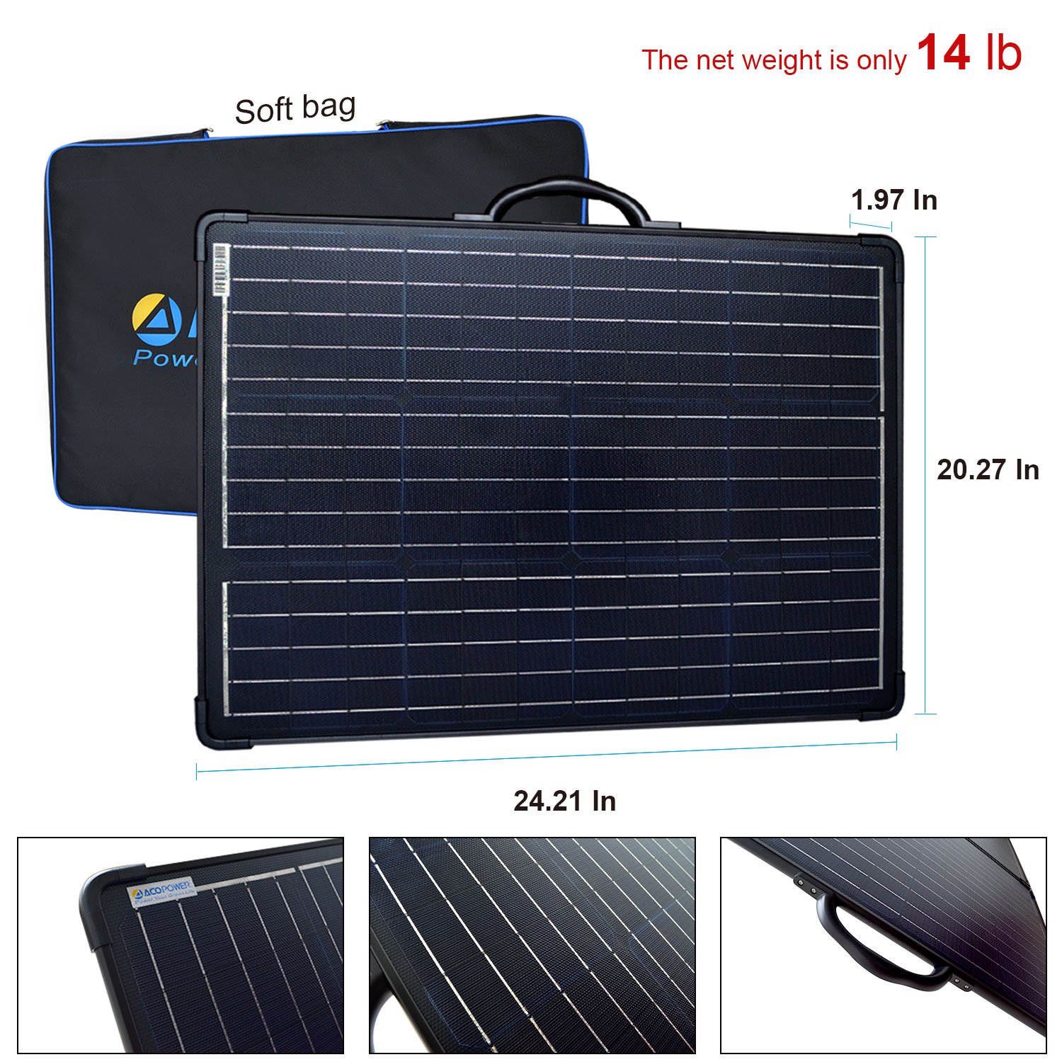 ACOPower 120W Portable Solar Panel Kit displayed with its folded design, showcasing the lightweight briefcase style and included charge controller.